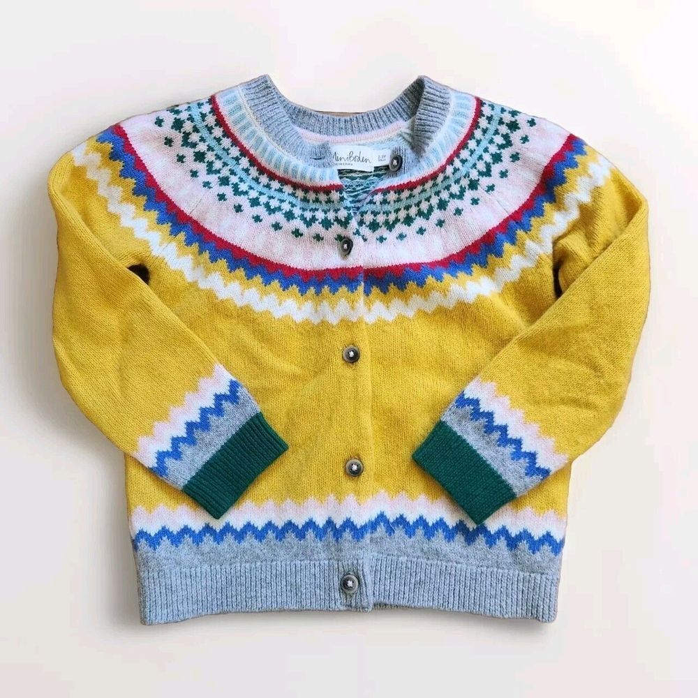 Mini Boden Yellow Multicolor Fair Isle Cardigan Sweater